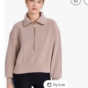 Varley Ramona Half Zip in Taupe/White Stripe (XS)